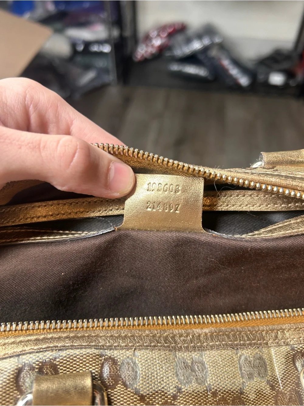 Gucci Crystal Top Handle Brown Beige GG Monogram Satchel with Gold Trim